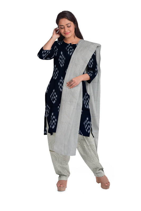 Black and White Cotton Printed Salwar Suit Fabric with Chiffon Dupatta