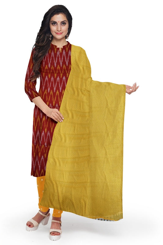 Red And Yellow Cotton Printed Salwar Suit Fabric with Chiffon Dupatta