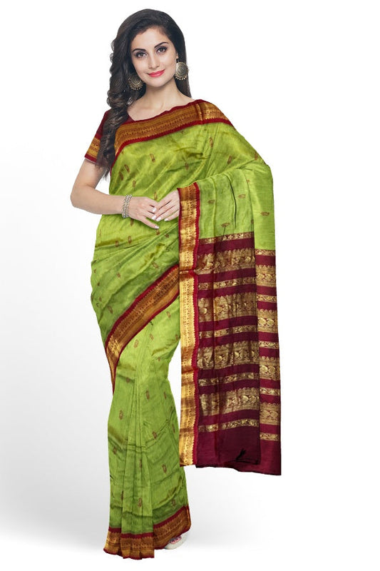 Green Cotton Kalyani Gadwal Saree With Butta and Zari Pallu