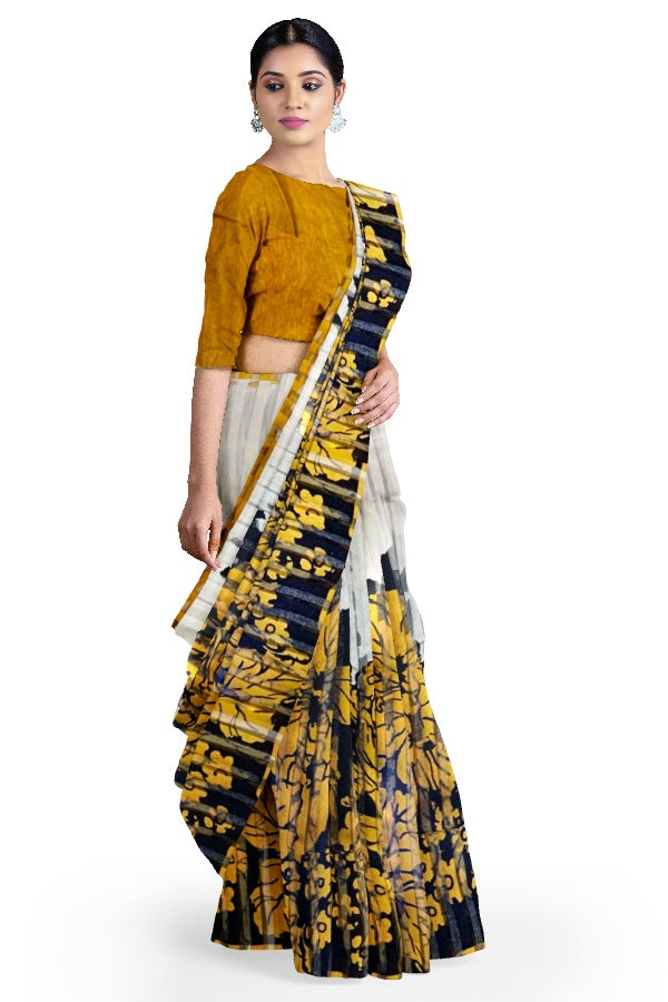 White Matka Block Printed Saree