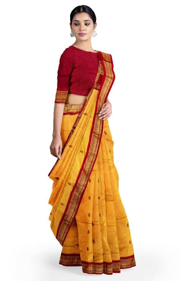 Yellow Cotton Kalyani Gadwal Saree With Butta and Zari Pallu