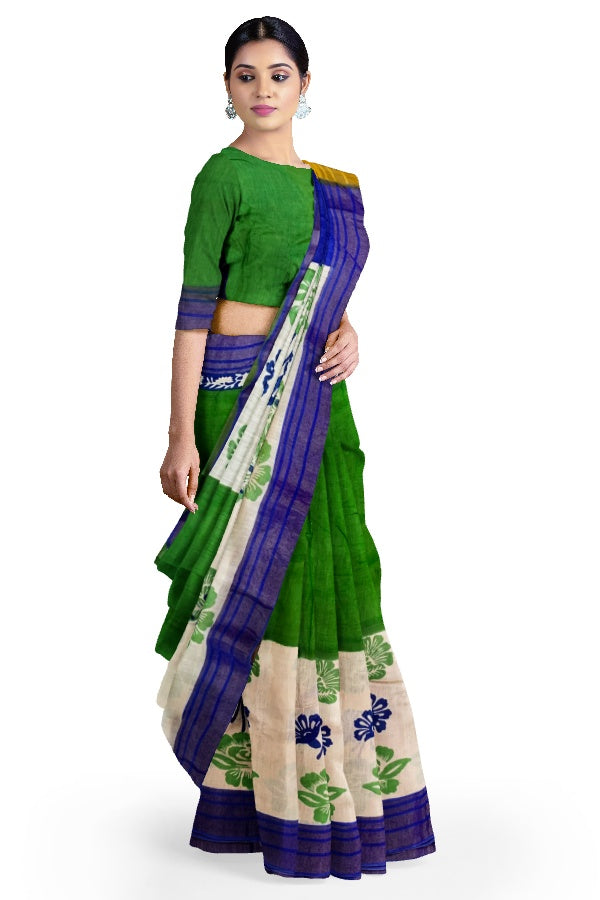 Green Tussar Muga Block Printed Soft Silk Saree