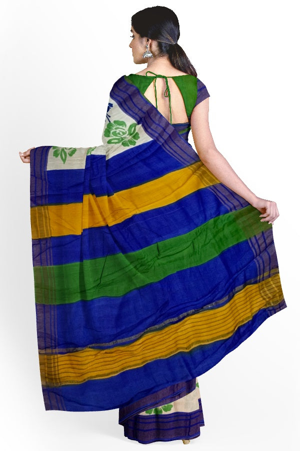 Green Tussar Muga Block Printed Soft Silk Saree