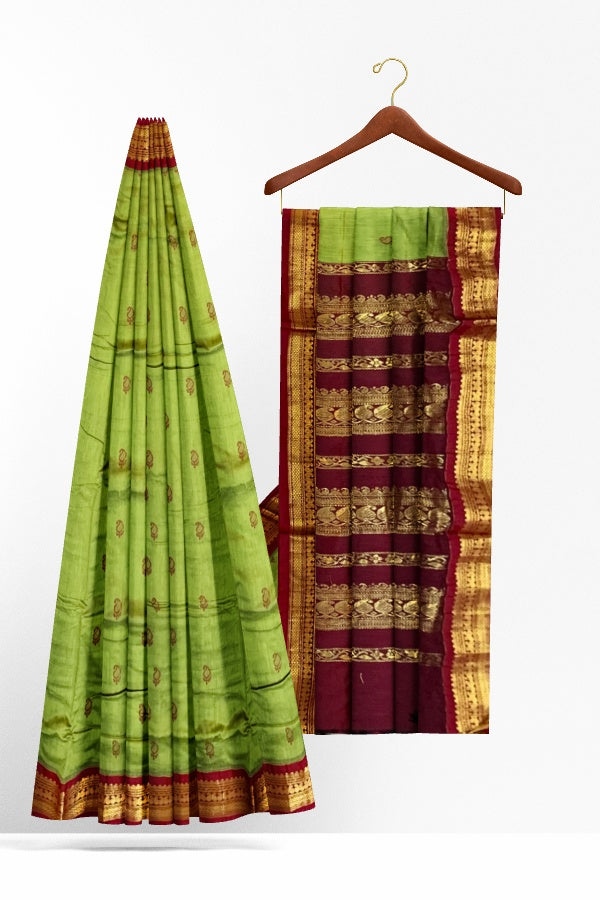 Green Cotton Kalyani Gadwal Saree With Butta and Zari Pallu