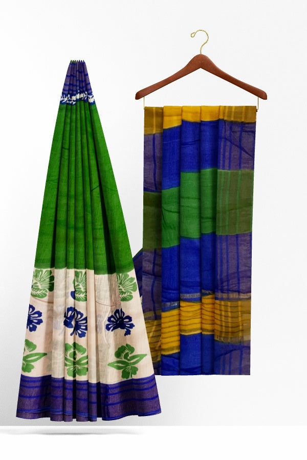 Green Tussar Muga Block Printed Soft Silk Saree