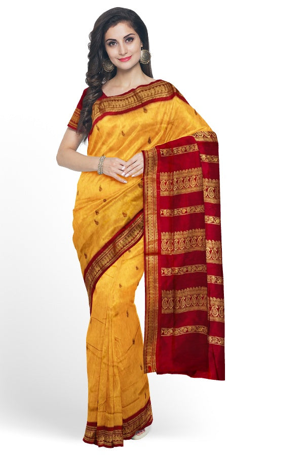 Yellow Cotton Kalyani Gadwal Saree With Butta and Zari Pallu