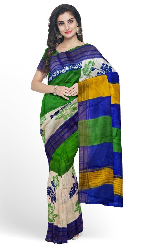 Green Tussar Muga Block Printed Soft Silk Saree