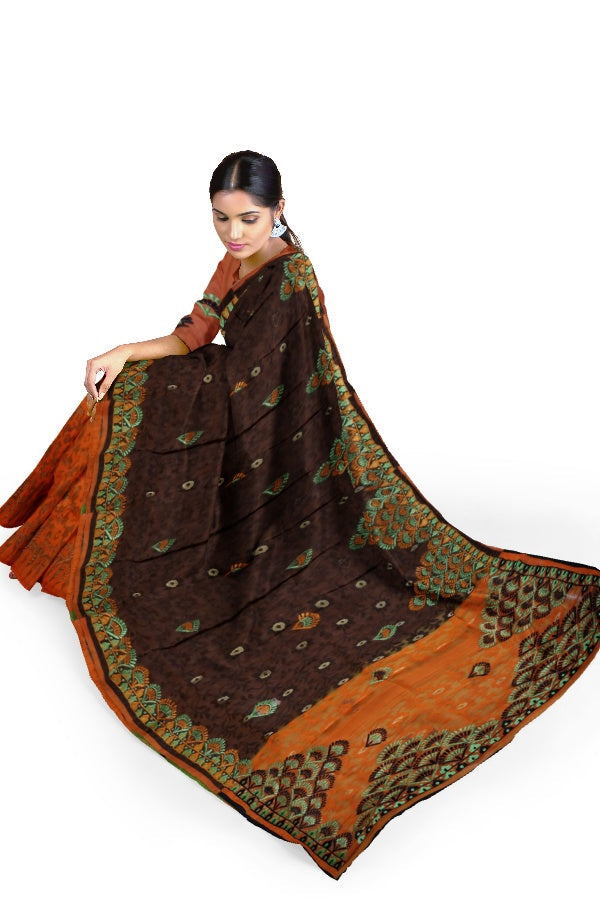 Orange Multicoloured Cotton Jamdani Embroidered Saree