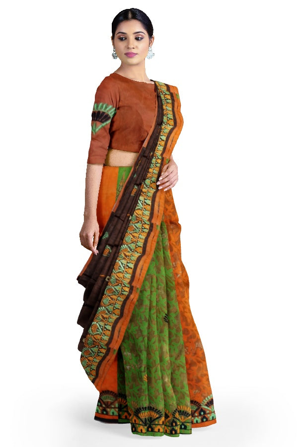 Orange Multicoloured Cotton Jamdani Embroidered Saree