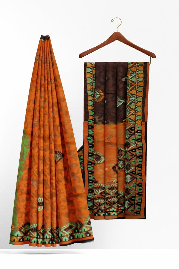 Orange Multicoloured Cotton Jamdani Embroidered Saree