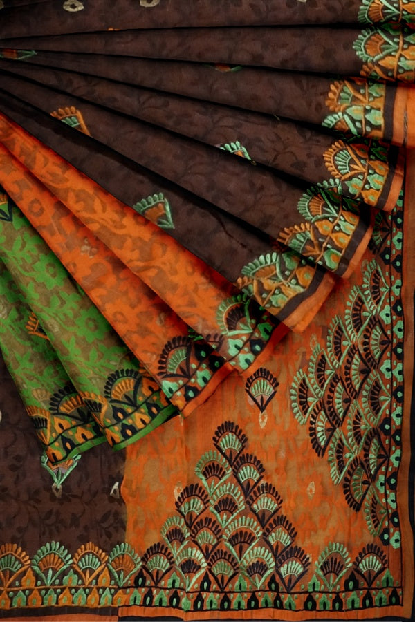 Orange Multicoloured Cotton Jamdani Embroidered Saree