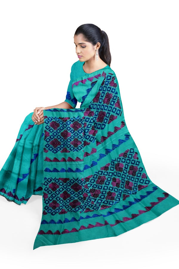 Turquoise Blue Pure Silk Hand Embroidered Saree