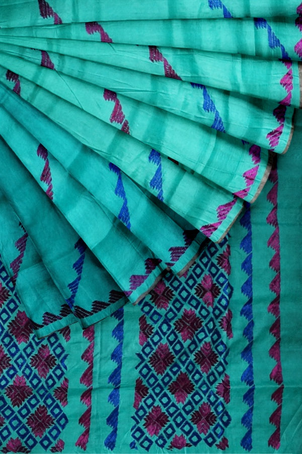 Turquoise Blue Pure Silk Hand Embroidered Saree